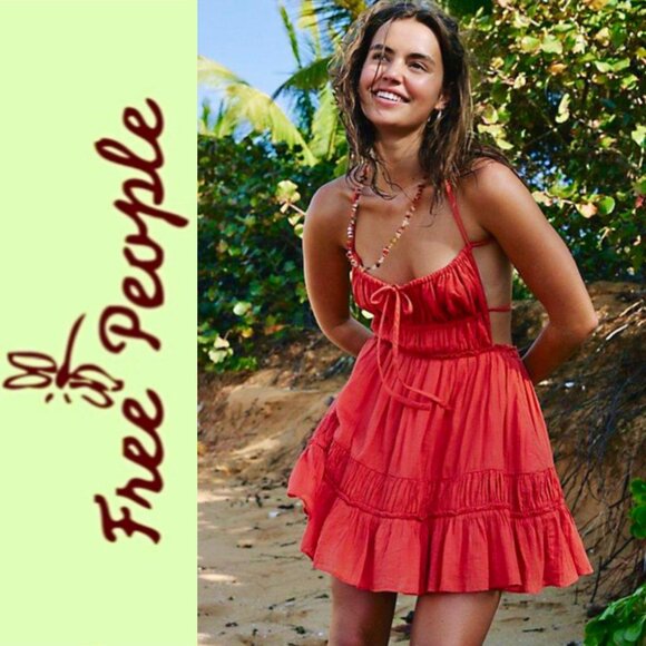 FREE PEOPLE "Taking Sides" Backless Mini Dress in Red Mango, Size Small, NWT - Picture 1 of 14